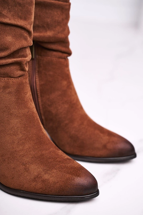 Botki Damskie Na Słupku Eko-Zamsz Camel Up Side