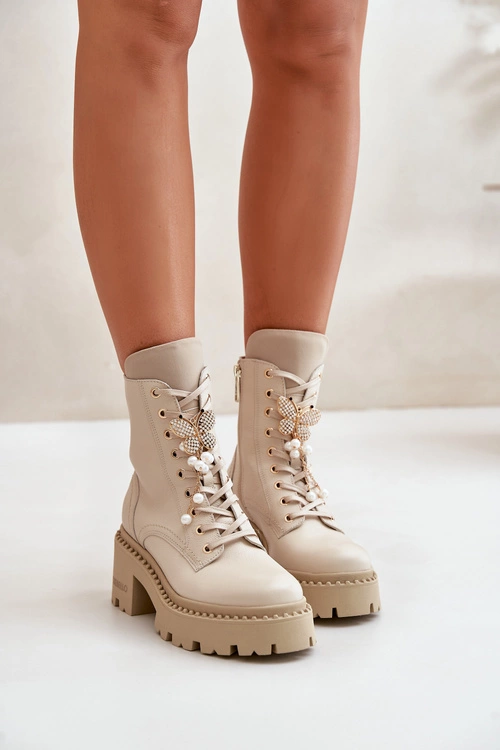 Skórzane Botki Workery Damskie Z Motylem Beżowe CheBello 4590