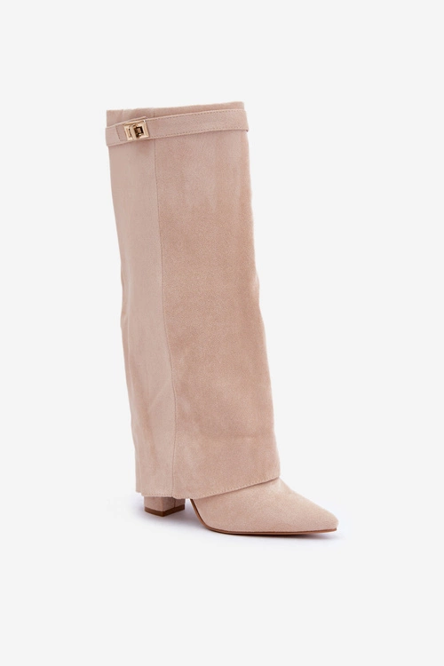 Damskie Kozaki Na Słupku Przed Kolano Jasnobeżowe Portora