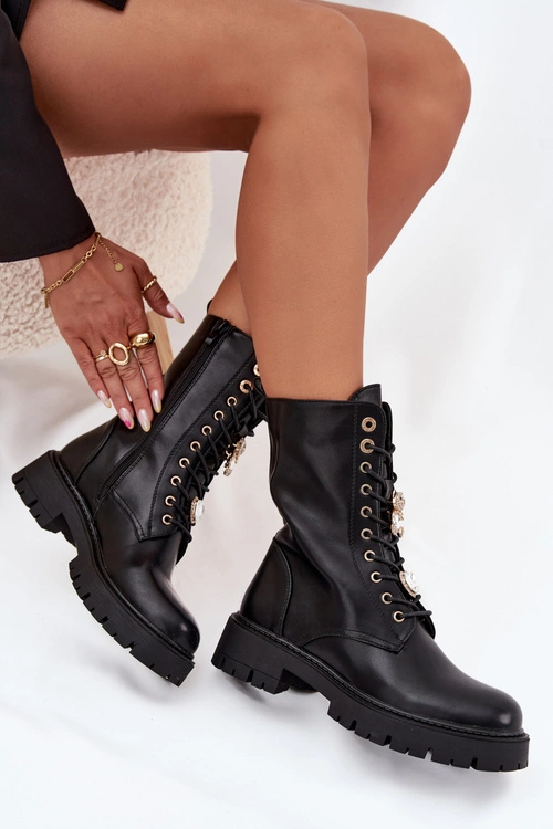 Botki Workery Damskie Z Przypinkami Ocieplane Czarne Lomina