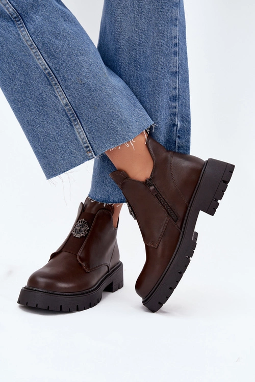 Ocieplane Niskie Botki Damskie Z Ozdobą Na Zamek Brązowe Lavira