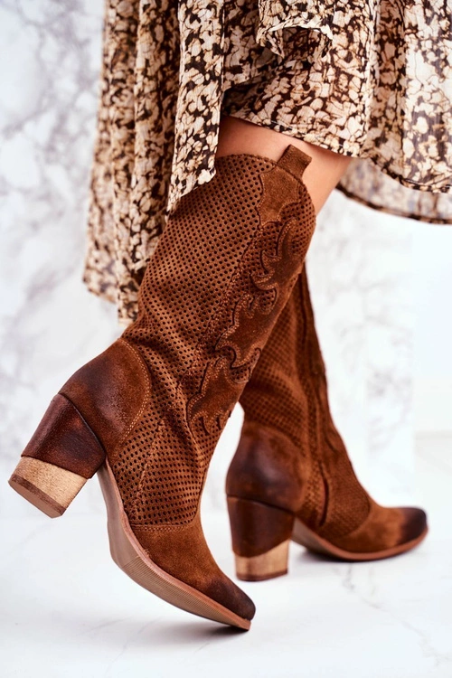 Damskie Botki Na Słupku Skórzane Wysokie Koniak Rosemary