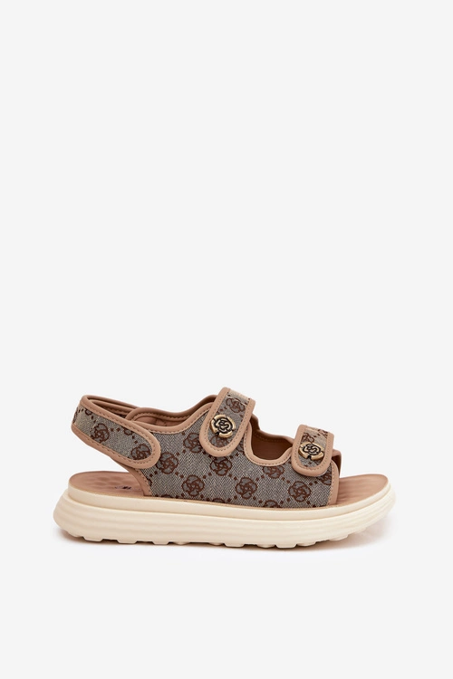 Damskie Wzorzyste Materiałowe Sandały Ze Złotymi Detalami Khaki Pefese