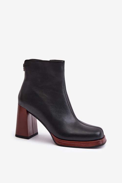 Skórzane Botki Damskie Na Słupku Ocieplane D&A JC42-37 Czarne