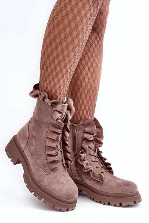 Zamszowe Ocieplane Botki Workery Na Płaskim Obcasie Ciemnobeżowe Nacelle