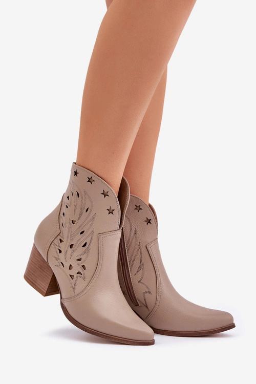 Ażurowe Botki Kowbojki Skórzane Na Słupku Lewski 3613 Ciemnobeżowe