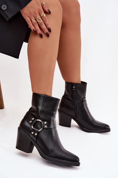 Ocieplane Botki Damskie Na Słupku Z Ozdobnym Elementem Czarne Jurelle