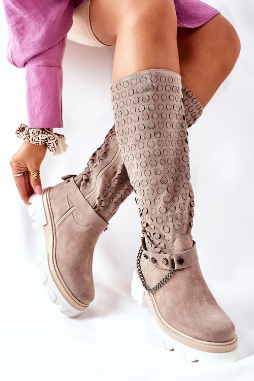 Damskie Skórzane Kozaki Lewski Cappuccino Zamszowe 2866