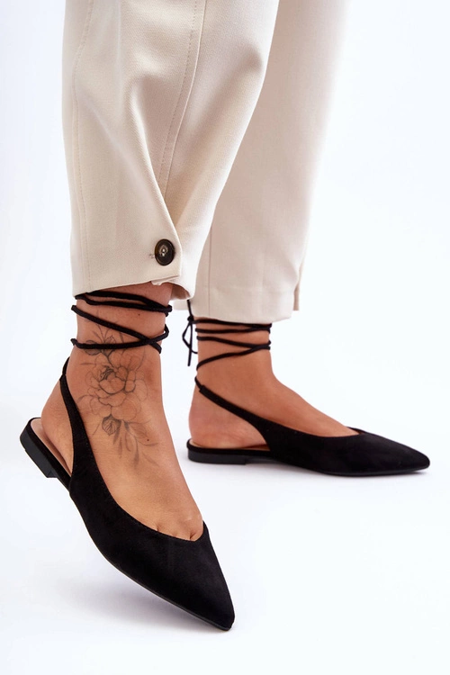 Damskie Zamszowe Wiązane Baleriny Czarne Lilly Ann