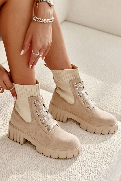 Zamszowe Wsuwane Botki Skarpetkowe Beżowe Hope