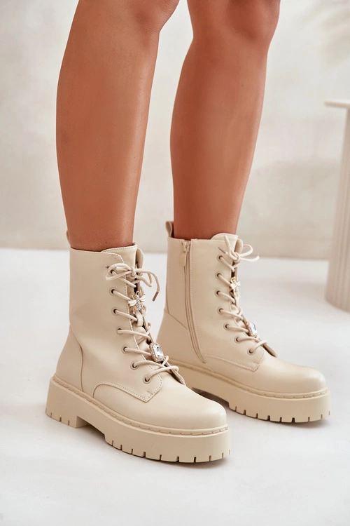 Ocieplane Botki Workery Damskie Z Przypinkami Beżowe Avorira