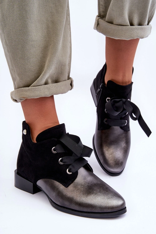 Damskie Półbuty Na Płaskim Obcasie Z Wiązaniem Czarne Meroni - Zamsz