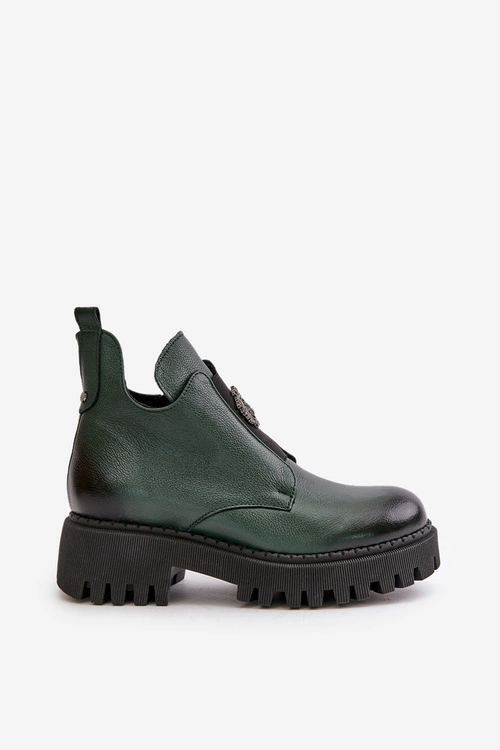 Zazoo 60451 Damskie Skórzane Botki Z Ozdobą Ciemnozielone