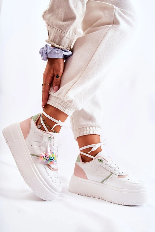 Damskie Wiązane Buty Sportowe Sneakersy Biało-Różowe Manila