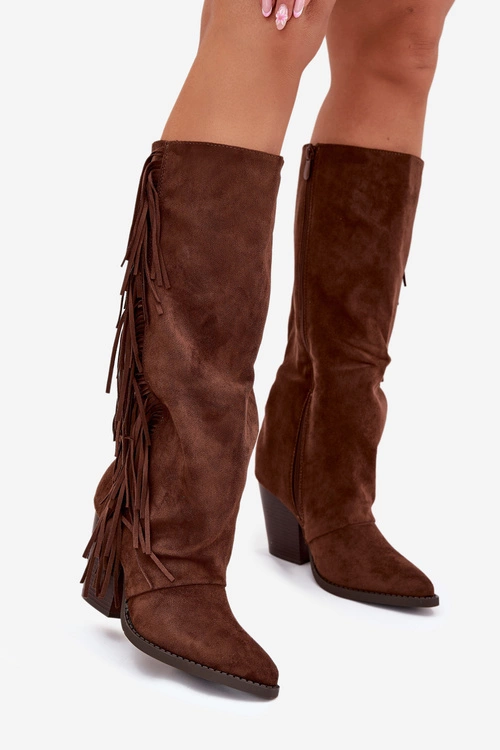 Kozaki Kowbojki Damskie Z Frędzlami Na Słupku Brązowe Tivara