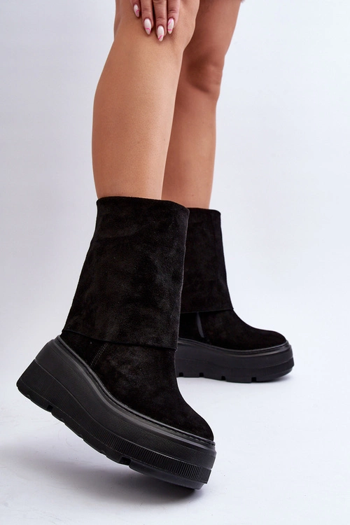 Zazoo 3410 Zamszowe Damskie Botki Na Masywnej Platformie Czarne