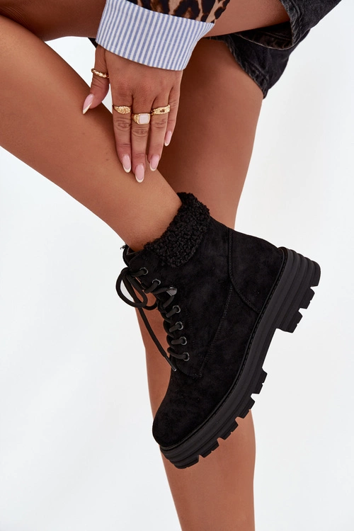 Ocieplane Trapery Botki Damskie Sznurowane Czarne Lyrinne