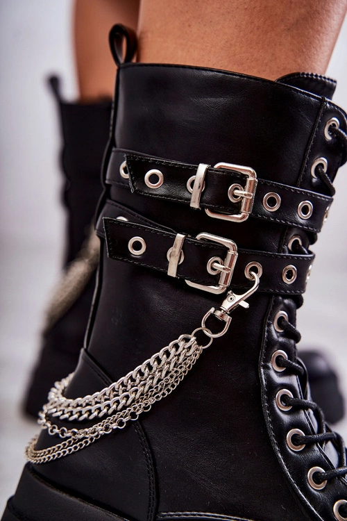 Wysokie Workery Botki Z Łańcuchem Czarne Montero