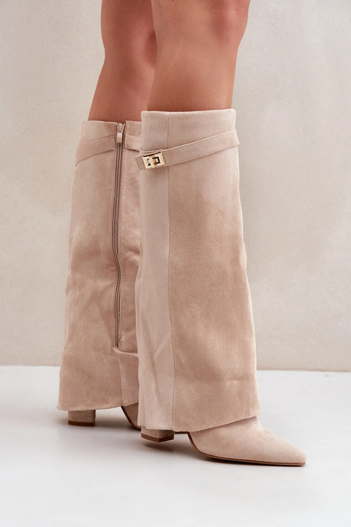 Damskie Kozaki Na Słupku Przed Kolano Jasnobeżowe Portora