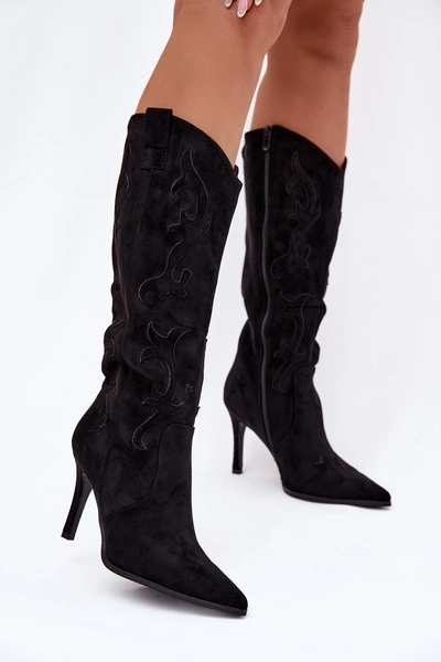 Kozaki Damskie Na Szpilce Kowbojki Z Eko Zamszu Czarne Belonia