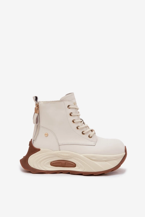 Skórzane Ocieplane Botki Damskie Na Platformie GOE SS2N4300 Jasnobeżowe