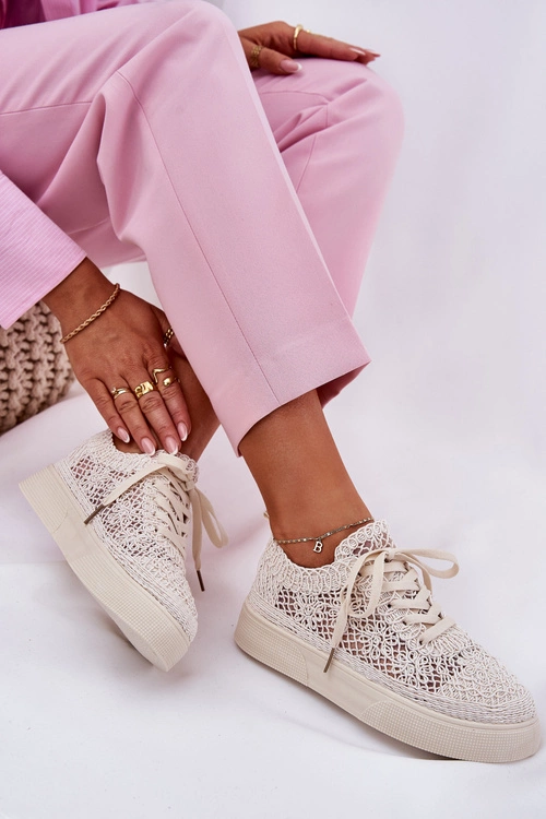 Ażurowe Tenisówki Damskie Na Platformie Jasnobeżowe Aranelith