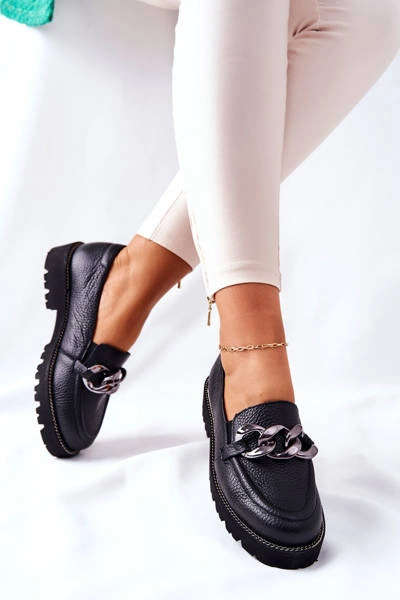 Damskie Półbuty Skórzane Loafery Czarne Sthonto