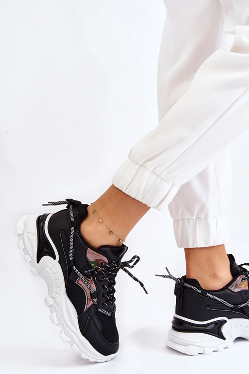 Damskie Buty Sportowe Sznurowane Na Platformie Czarne Minea