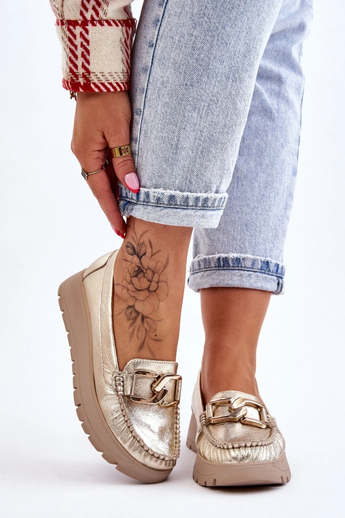 Zazoo 10141 Skórzane Mokasyny Na Platformie Z Ozdobą Złote