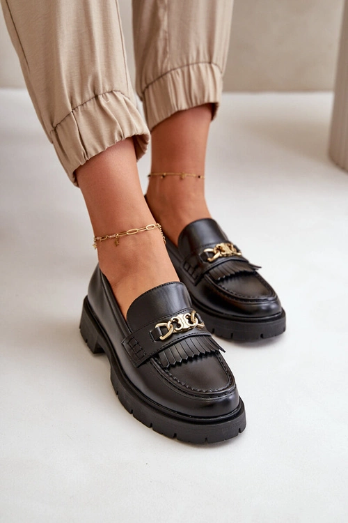 Eko Skórzane Mokasyny Damskie Ze Złotą Ozdobą Czarne Zanita