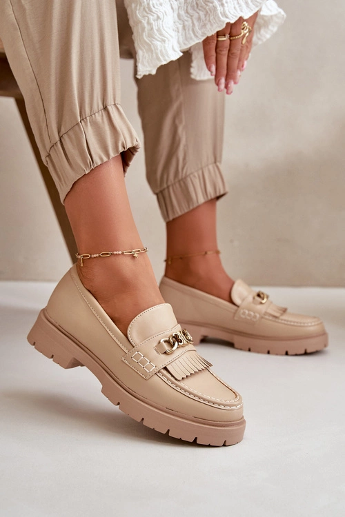 Eko Skórzane Mokasyny Damskie Ze Złotą Ozdobą Beżowe Zanita