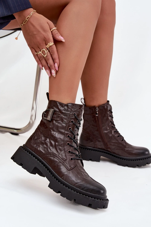 Skórzane Botki Damskie Z Efektem Marszczenia I Klamrą Artiker 57C1007 Czekoladowe