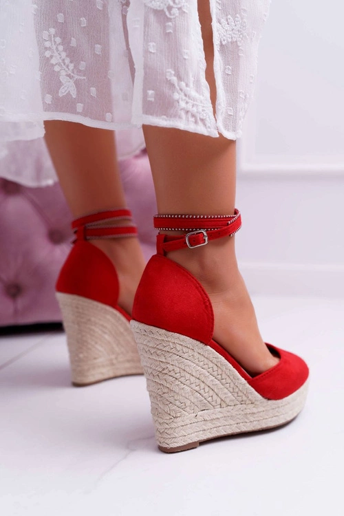 Sandały Damskie Na Koturnie Lniane Czerwone Canterola
