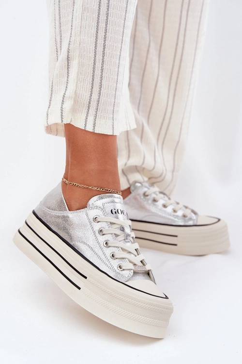 Skórzane Trampki Damskie Na Platformie GOE RR2N4108 Srebrne