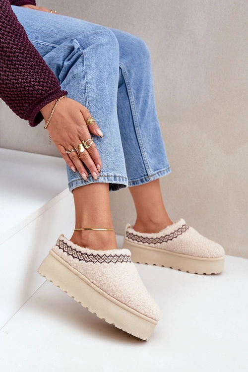 Śniegowce Kapcie Na Platformie Z Futerkiem Typu Baranek Jasnobeżowe Leaniella