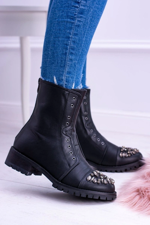 Lu Boo | Czarne Damskie Botki Za Kostkę z Cyrkoniami Carrie
