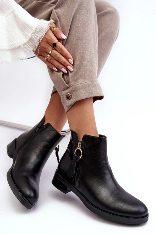 Skórzane Damskie Botki Płaskie Czarne Vasica