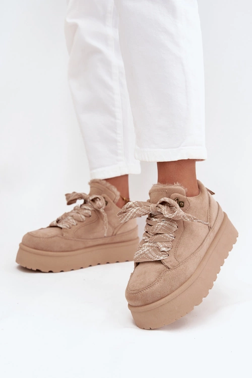 Sznurowane Śniegowce Damskie Na Platformie Ocieplane Futerkiem Beżowe Tavelle