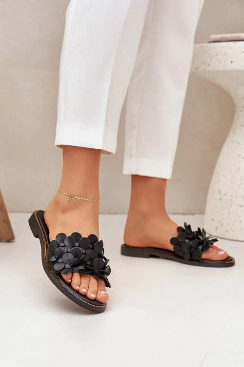 Zazoo 40381 Damskie Skórzane Klapki Na Płaskim Obcasie Czarne