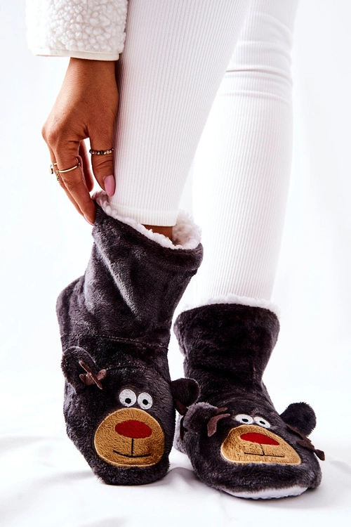 Świąteczne Papcie Ocieplane Renifer Szare