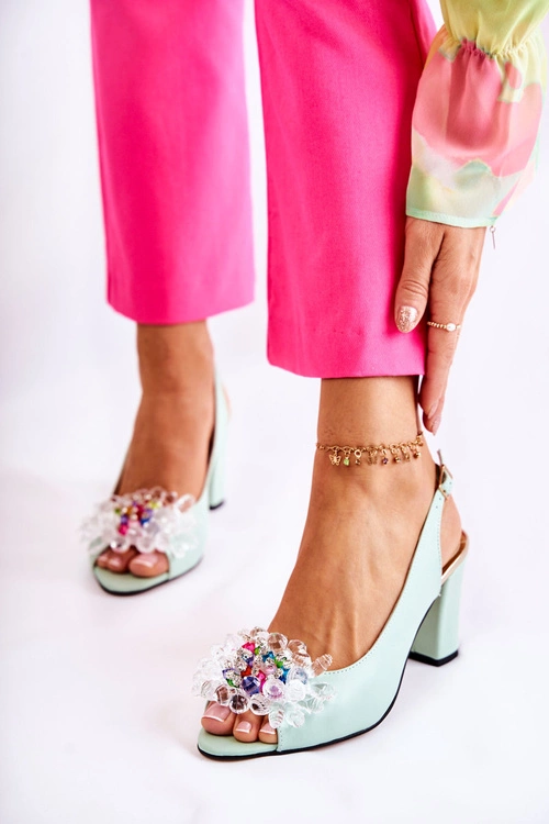 Skórzane Modne Czółenka Sandały Z Ozdobą Zielone Meriss