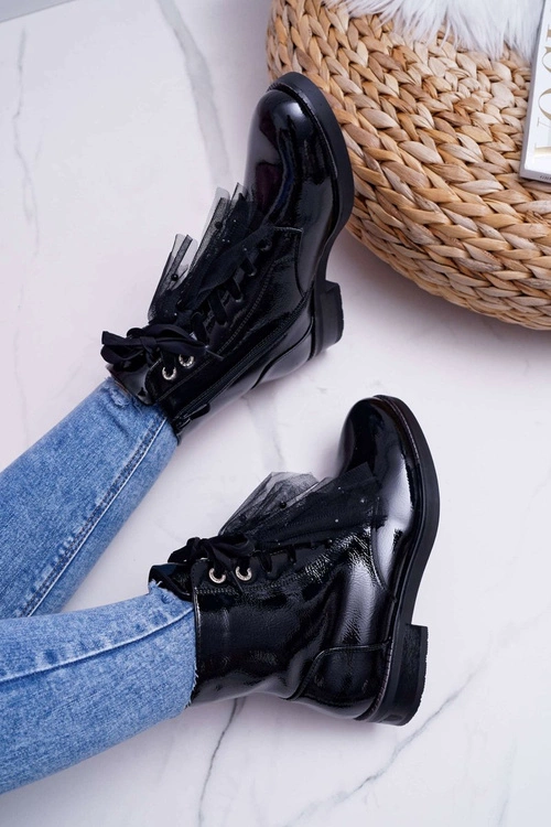 Botki Damskie Lakierowane Płaskie Czarne Barski 39-2