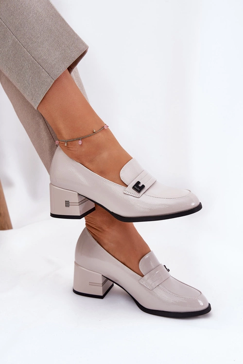 Lakierowane Skórzane Półbuty Damskie Na Obcasie Vinceza 18105 Szare