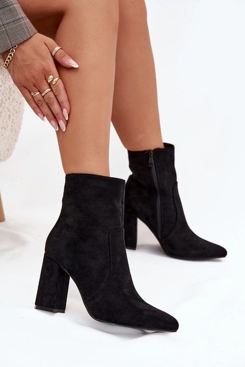 Ocieplane Botki Damskie Na Słupku Z Eko Zamszu Czarne Pralina