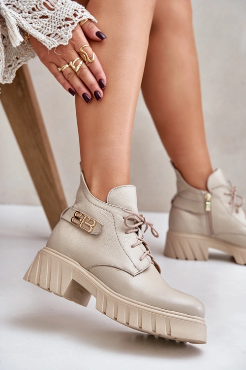 Zazoo 60483 Damskie Skórzane Botki Z Niską Cholewką Ocieplane Beżowe