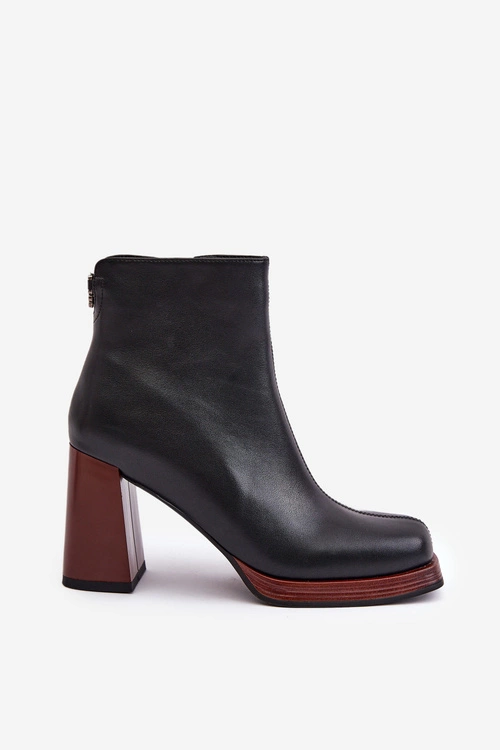 Skórzane Botki Damskie Na Słupku Ocieplane D&A JC42-37 Czarne