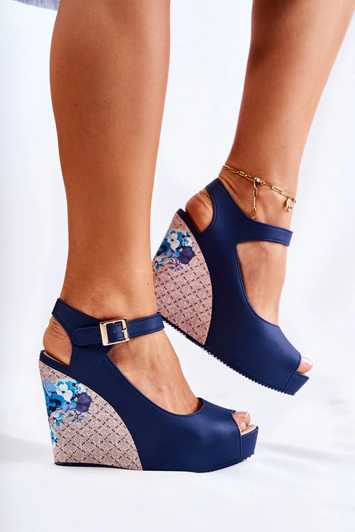 Damskie Granatowe Sandały Na Koturnie Nemesis