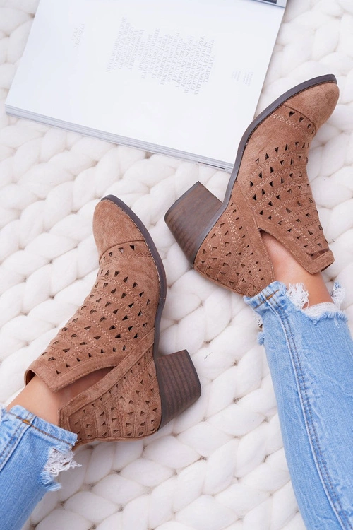 Botki Damskie Na Słupku Ażurowe z Wycięciami Brązowe Mediolan