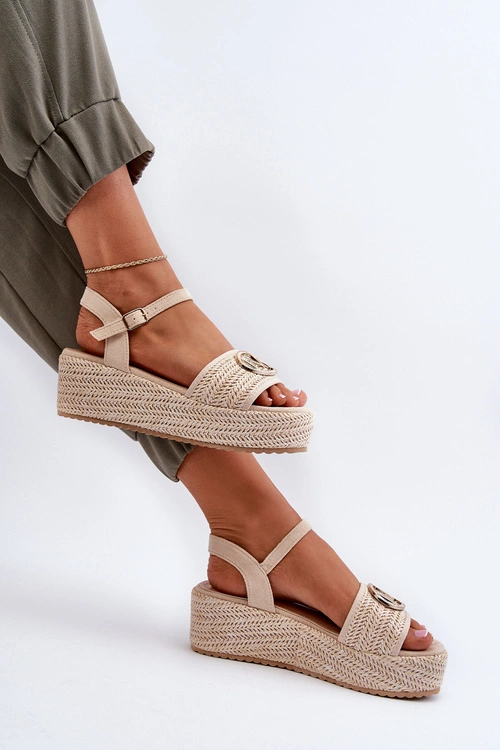 Sandały Damskie Na Koturnie Z Plecionką Beżowe Esalena