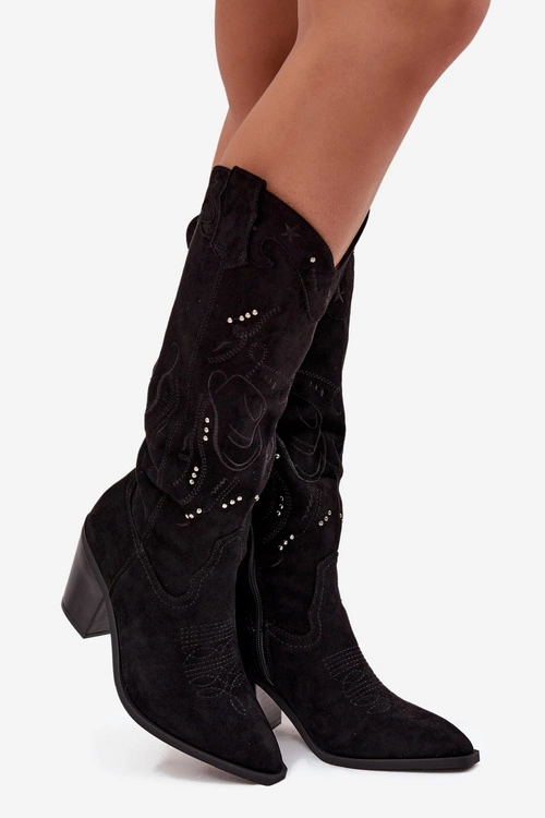 Kozaki Kowbojki Damskie Na Słupku Z Eko Zamszu Czarne Coretta